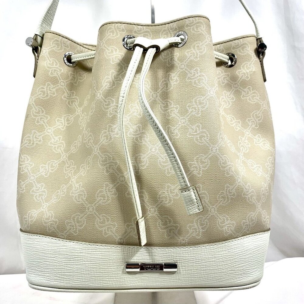 TOUS Shoulder Bucket Bag Women Leather Large Sand Stone Canvas Shopper Tote